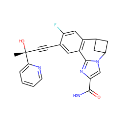 C[C@@](O)(C#Cc1cc2c(cc1F)C1CC(C1)n1cc(C(N)=O)nc1-2)c1ccccn1 ZINC000215765996