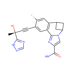 C[C@@](O)(C#Cc1cc2c(cc1F)C1CC(C1)n1cc(C(N)=O)nc1-2)c1ncn[nH]1 ZINC000219575735