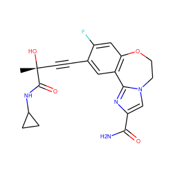 C[C@@](O)(C#Cc1cc2c(cc1F)OCCn1cc(C(N)=O)nc1-2)C(=O)NC1CC1 ZINC000215738864