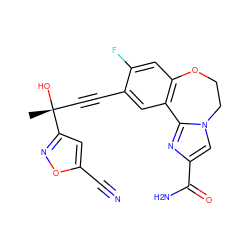 C[C@@](O)(C#Cc1cc2c(cc1F)OCCn1cc(C(N)=O)nc1-2)c1cc(C#N)on1 ZINC000215749832