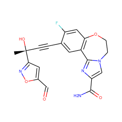 C[C@@](O)(C#Cc1cc2c(cc1F)OCCn1cc(C(N)=O)nc1-2)c1cc(C=O)on1 ZINC000215749955