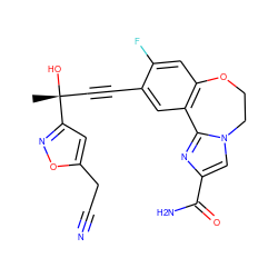 C[C@@](O)(C#Cc1cc2c(cc1F)OCCn1cc(C(N)=O)nc1-2)c1cc(CC#N)on1 ZINC000219415241