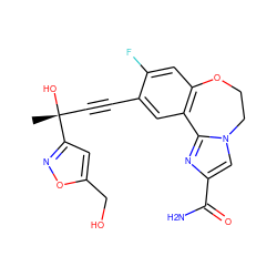 C[C@@](O)(C#Cc1cc2c(cc1F)OCCn1cc(C(N)=O)nc1-2)c1cc(CO)on1 ZINC000205784540