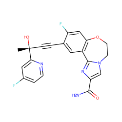 C[C@@](O)(C#Cc1cc2c(cc1F)OCCn1cc(C(N)=O)nc1-2)c1cc(F)ccn1 ZINC000215749465