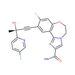 C[C@@](O)(C#Cc1cc2c(cc1F)OCCn1cc(C(N)=O)nc1-2)c1ccc(F)cn1 ZINC000219496268