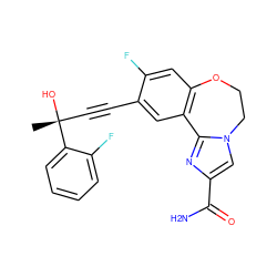 C[C@@](O)(C#Cc1cc2c(cc1F)OCCn1cc(C(N)=O)nc1-2)c1ccccc1F ZINC000205787461