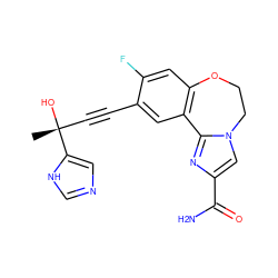 C[C@@](O)(C#Cc1cc2c(cc1F)OCCn1cc(C(N)=O)nc1-2)c1cnc[nH]1 ZINC000215748312