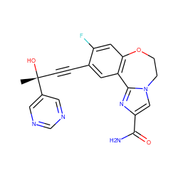 C[C@@](O)(C#Cc1cc2c(cc1F)OCCn1cc(C(N)=O)nc1-2)c1cncnc1 ZINC000205787499