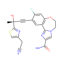 C[C@@](O)(C#Cc1cc2c(cc1F)OCCn1cc(C(N)=O)nc1-2)c1nc(CC#N)cs1 ZINC000220008489