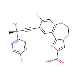 C[C@@](O)(C#Cc1cc2c(cc1F)OCCn1cc(C(N)=O)nc1-2)c1ncc(F)cn1 ZINC000205808467