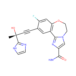 C[C@@](O)(C#Cc1cc2c(cc1F)OCCn1cc(C(N)=O)nc1-2)c1ncc[nH]1 ZINC000215747503