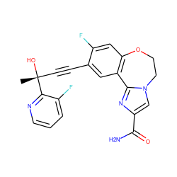 C[C@@](O)(C#Cc1cc2c(cc1F)OCCn1cc(C(N)=O)nc1-2)c1ncccc1F ZINC000215749592