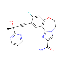 C[C@@](O)(C#Cc1cc2c(cc1F)OCCn1cc(C(N)=O)nc1-2)c1ncccn1 ZINC000205787571