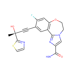 C[C@@](O)(C#Cc1cc2c(cc1F)OCCn1cc(C(N)=O)nc1-2)c1nccs1 ZINC000205808554