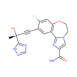 C[C@@](O)(C#Cc1cc2c(cc1F)OCCn1cc(C(N)=O)nc1-2)c1ncn[nH]1 ZINC000215747256