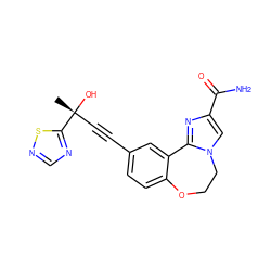 C[C@@](O)(C#Cc1ccc2c(c1)-c1nc(C(N)=O)cn1CCO2)c1ncns1 ZINC000219485533