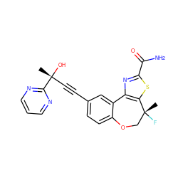 C[C@@](O)(C#Cc1ccc2c(c1)-c1nc(C(N)=O)sc1[C@](C)(F)CO2)c1ncccn1 ZINC000219503471