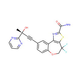 C[C@@](O)(C#Cc1ccc2c(c1)-c1nc(C(N)=O)sc1C(F)(F)CO2)c1ncccn1 ZINC000219474172