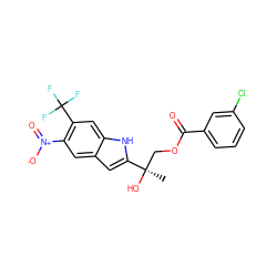 C[C@@](O)(COC(=O)c1cccc(Cl)c1)c1cc2cc([N+](=O)[O-])c(C(F)(F)F)cc2[nH]1 ZINC000034801530