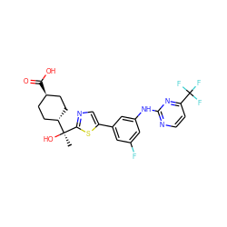 C[C@@](O)(c1ncc(-c2cc(F)cc(Nc3nccc(C(F)(F)F)n3)c2)s1)[C@H]1CC[C@H](C(=O)O)CC1 ZINC001772615105