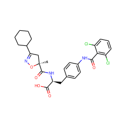 C[C@@]1(C(=O)N[C@@H](Cc2ccc(NC(=O)c3c(Cl)cccc3Cl)cc2)C(=O)O)CC(C2CCCCC2)=NO1 ZINC000059630423