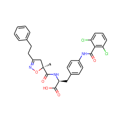 C[C@@]1(C(=O)N[C@@H](Cc2ccc(NC(=O)c3c(Cl)cccc3Cl)cc2)C(=O)O)CC(CCc2ccccc2)=NO1 ZINC000059629602