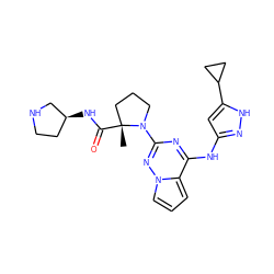 C[C@@]1(C(=O)N[C@H]2CCNC2)CCCN1c1nc(Nc2cc(C3CC3)[nH]n2)c2cccn2n1 ZINC000143148852