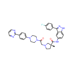 C[C@@]1(C(=O)Nc2ccc3[nH]nc(-c4ccc(F)cc4)c3c2)CCN(CC(=O)N2CCN(c3ccc(-c4ncccn4)cc3)CC2)C1 ZINC000148212340