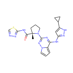 C[C@@]1(C(=O)Nc2nncs2)CCCN1c1nc(Nc2cc(C3CC3)[nH]n2)c2cccn2n1 ZINC000169697102