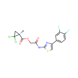 C[C@@]1(C(=O)OCC(=O)Nc2nc(-c3ccc(F)c(F)c3)cs2)CC1(Cl)Cl ZINC000013042552