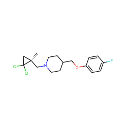 C[C@@]1(CN2CCC(COc3ccc(F)cc3)CC2)CC1(Cl)Cl ZINC000013730090