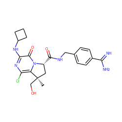 C[C@@]1(CO)C[C@@H](C(=O)NCc2ccc(C(=N)N)cc2)n2c1c(Cl)nc(NC1CCC1)c2=O ZINC000095589570