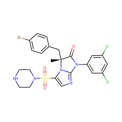 C[C@@]1(Cc2ccc(Br)cc2)C(=O)N(c2cc(Cl)cc(Cl)c2)c2ncc(S(=O)(=O)N3CCNCC3)n21 ZINC000028456172