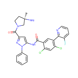 C[C@@]1(N)CCN(C(=O)c2cc(NC(=O)c3cc(-c4ncccc4F)c(Cl)cc3Cl)n(-c3ccccc3)n2)C1 ZINC001772577662