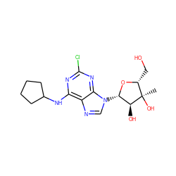 C[C@@]1(O)[C@@H](CO)O[C@@H](n2cnc3c(NC4CCCC4)nc(Cl)nc32)[C@@H]1O ZINC000013610749