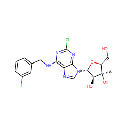 C[C@@]1(O)[C@@H](CO)O[C@@H](n2cnc3c(NCc4cccc(I)c4)nc(Cl)nc32)[C@@H]1O ZINC000049785304