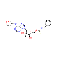 C[C@@]1(O)[C@H](O)[C@@H](COC(=S)NCc2ccccc2)O[C@H]1n1cnc2c(N[C@@H]3CCOC3)ncnc21 ZINC000029040314