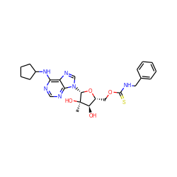 C[C@@]1(O)[C@H](O)[C@@H](COC(=S)NCc2ccccc2)O[C@H]1n1cnc2c(NC3CCCC3)ncnc21 ZINC000029040286