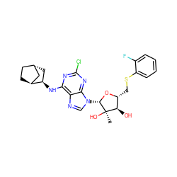 C[C@@]1(O)[C@H](O)[C@@H](CSc2ccccc2F)O[C@H]1n1cnc2c(N[C@@H]3C[C@H]4CC[C@H]3C4)nc(Cl)nc21 ZINC000253664875