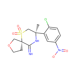 C[C@@]1(c2cc([N+](=O)[O-])ccc2Cl)CS(=O)(=O)[C@@]2(CCOC2)C(=N)N1 ZINC000146656548