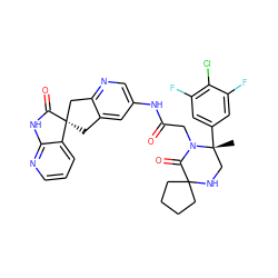 C[C@@]1(c2cc(F)c(Cl)c(F)c2)CNC2(CCCC2)C(=O)N1CC(=O)Nc1cnc2c(c1)C[C@@]1(C2)C(=O)Nc2ncccc21 ZINC000084728493