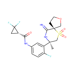 C[C@@]1(c2cc(NC(=O)[C@@H]3CC3(F)F)ccc2F)CS(=O)(=O)[C@]2(CCOC2)C(=N)N1 ZINC000147253158