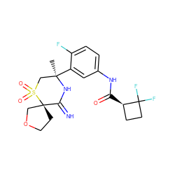 C[C@@]1(c2cc(NC(=O)[C@@H]3CCC3(F)F)ccc2F)CS(=O)(=O)[C@]2(CCOC2)C(=N)N1 ZINC000147247630