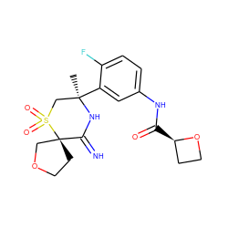 C[C@@]1(c2cc(NC(=O)[C@@H]3CCO3)ccc2F)CS(=O)(=O)[C@]2(CCOC2)C(=N)N1 ZINC000147261654