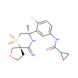 C[C@@]1(c2cc(NC(=O)C3CC3)ccc2F)CS(=O)(=O)[C@]2(CCOC2)C(=N)N1 ZINC000147257678