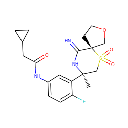 C[C@@]1(c2cc(NC(=O)CC3CC3)ccc2F)CS(=O)(=O)[C@]2(CCOC2)C(=N)N1 ZINC000147245936