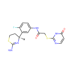 C[C@@]1(c2cc(NC(=O)CSc3nccc(=O)[nH]3)ccc2F)CCSC(N)=N1 ZINC000146886685