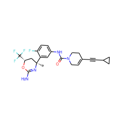 C[C@@]1(c2cc(NC(=O)N3CC=C(C#CC4CC4)CC3)ccc2F)C[C@@H](C(F)(F)F)OC(N)=N1 ZINC000223529146