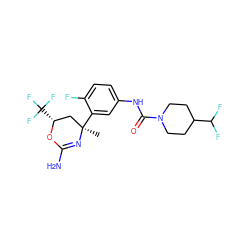 C[C@@]1(c2cc(NC(=O)N3CCC(C(F)F)CC3)ccc2F)C[C@@H](C(F)(F)F)OC(N)=N1 ZINC000223530114