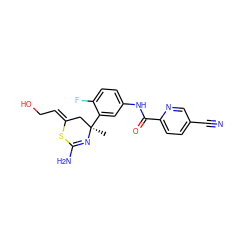 C[C@@]1(c2cc(NC(=O)c3ccc(C#N)cn3)ccc2F)C/C(=C/CO)SC(N)=N1 ZINC000139594271